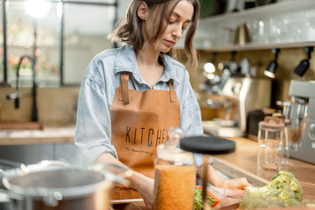 Woman in apron cooking on the kitchen