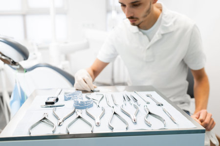 Orthodontist working with jaw model applying brace system