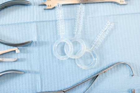 Dental tools and elastics for orthodontic treatmentの写真素材