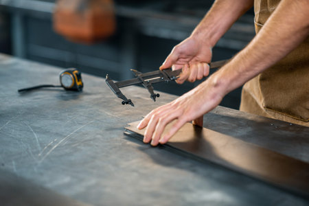 Metal industry worker dressed in work wear doing some metalwork, grinding steel product at the...