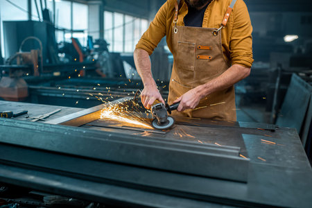 Metal industry worker dressed in work wear doing some metalwork, grinding steel product at the...
