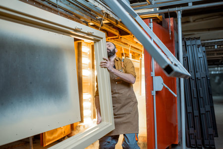 Painter in protective wear paints metal products with powder paint. Powder coating process at the...