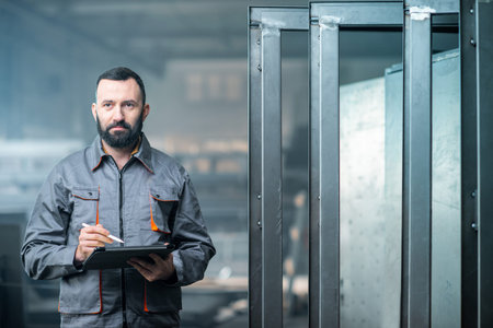 Painter in protective wear paints metal products with powder paint. Powder coating process at the...