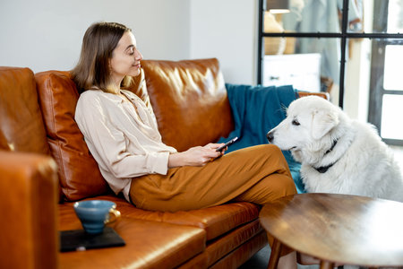 Woman sitting on the sofa at home with a dog.