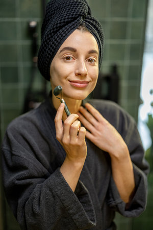 Woman massaging her face in green bathroom