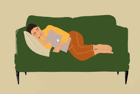 Woman fell asleep on the comfortable brown couch.のイラスト素材