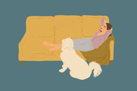 Woman sitting on the sofa at home with a dog.のイラスト素材