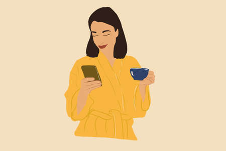 Woman with coffee and phone before working day in the morningのイラスト素材