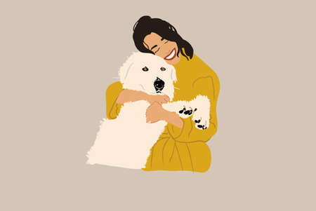 Happy woman hugs with a big white dog.のイラスト素材