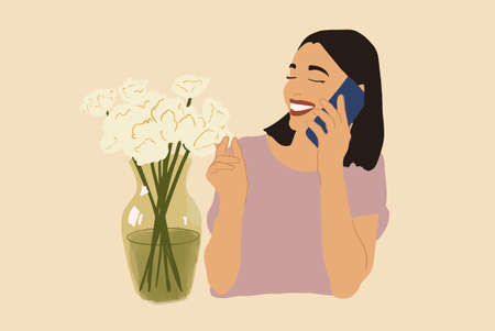 Woman make a bouquet of white tulipsのイラスト素材