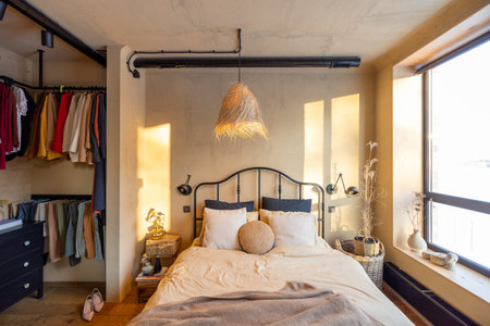 Stylish bedroom interior in natural boho styleの写真素材