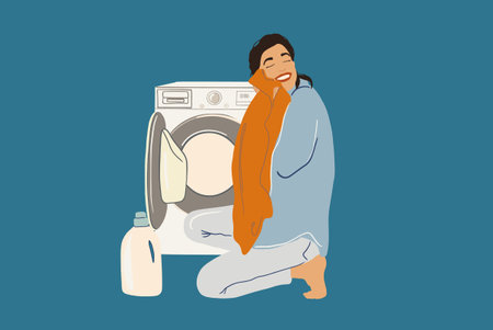 Woman washes and dries clothes in laundry.のイラスト素材