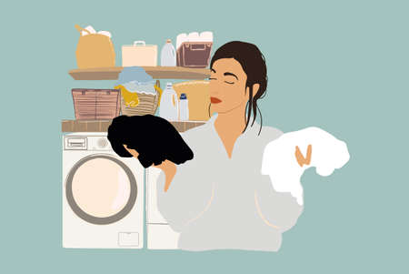 Woman washes and dries clothes in laundry.のイラスト素材