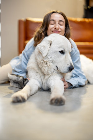 Happy woman with a dog at home