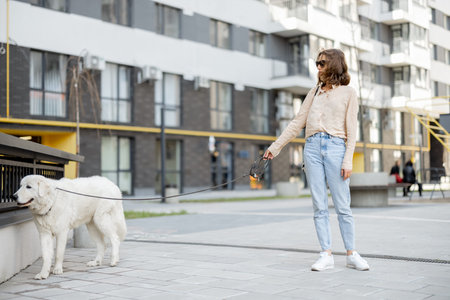 Woman walking with her big white dog on the streetの写真素材