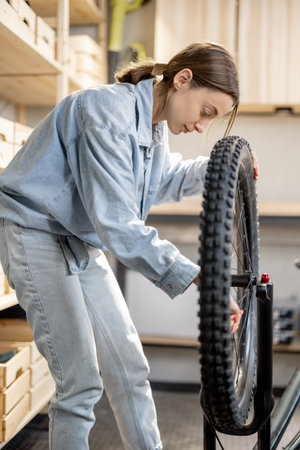 Young handywoman putting wheel on a bicycle during a repairment in the home workshop or garage. DIY...