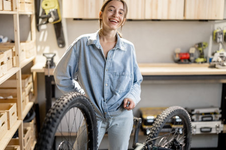 Young handywoman reparing her bicycle in the beautiful small workshop at home. DIY concept