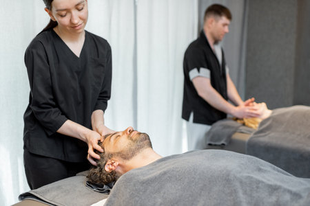 Two masseurs doing facial massage to a couple at Spa salonの写真素材