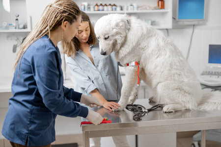 Veterinarian takes blood from a dogs paw with a syringe for analysis