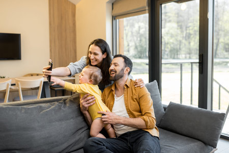 Happy family with a one year baby boy having a video call on phone from home. Concept of remote...