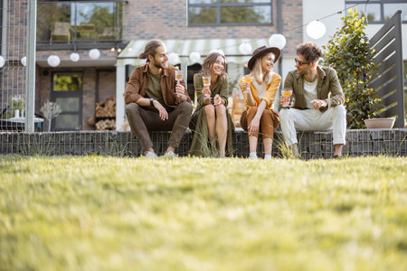 Group of young friends spending summertime together, having fun while sitting in a row on a porch of...