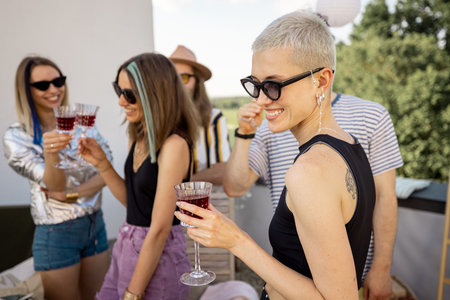 Young group of stylish people drinking wine and hanging out at open air party on the roof terraceの写真素材