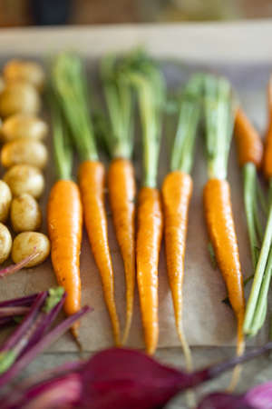Fresh baked root vegetables on the tray. Concept of fresh locally grown seasonal vegetablesの写真素材