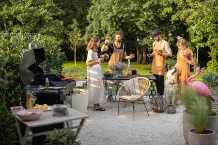 Young friends hanging out together, standing by the table with alcohol drinks and burgers at...