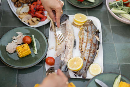 People eating healthy food outdoors, grilled fish and vegetables on a green table, close-upの写真素材