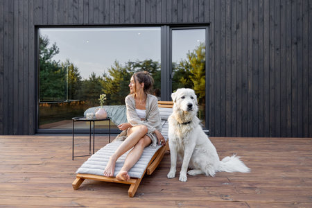 Woman enjoys the nature while sits on sunbed on wooden terrace near the modern house with panoramic...