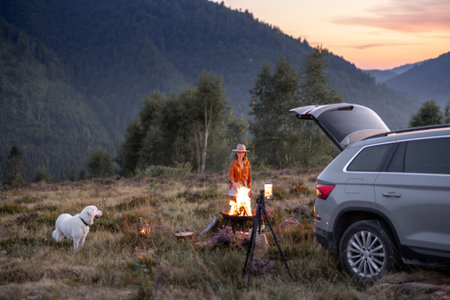 Woman enjoys bonfire having a picnic with her dog in the mountains on a sunset . Solitude in nature...