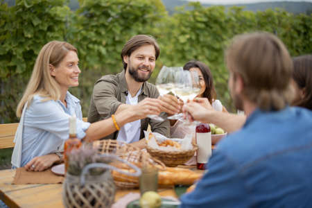 Pleased european friends toasting local wine during picnic near vineyards in countryside. Young men and women enjoy time together. Concept of winemaking. Idea of friendship and leisure. Green tourismの写真素材