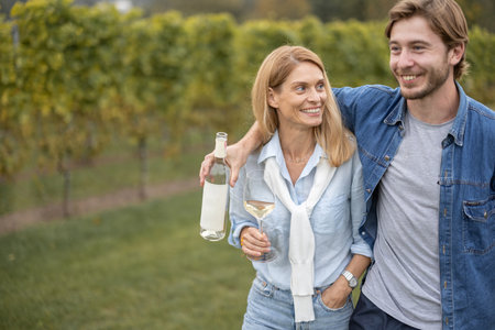 Happy european couple walking near vineyards in countryside. Man and woman drinking wine. Guy hugging his girlfriend. Concept of relationship and enjoying time together. Green tourism and winemakingの写真素材