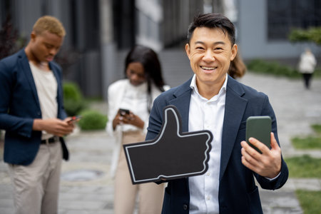Asian businessman with smartphone showing thumb up gesture on background of his colleagues with...