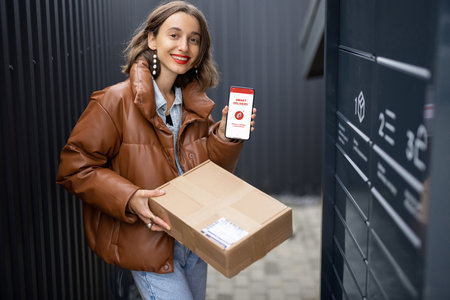 Young caucasian woman holding parcel and showing smartphone with smart delivery app. Smiling girl...