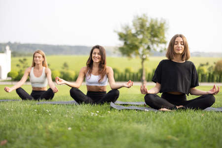 European girlfriends practicing yoga on green meadow at sunny day. Concept of healthy lifestyle. Idea of relaxation. Friendship. Young athletic women barefoot and wearing sportswearの写真素材