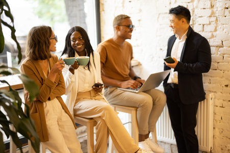 Multiracial business team having break during work in cafe or restaurant. Concept of rest on work....