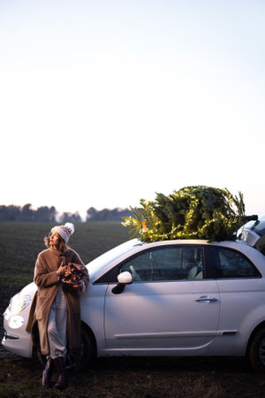 Woman and dog near car with illuminated christmas tree on a rooftop on nature at dusk. Wide landscape with copy space on sky. Concept of New Years mood. Idea of holiday cover or backgroundの写真素材