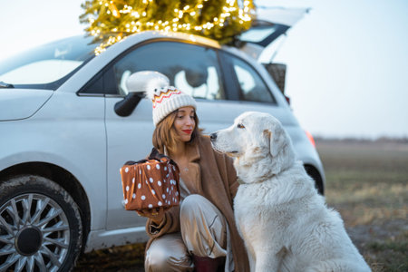 Woman playing with her white dog near car and illuminated Christmas tree on a rooftop on nature at...