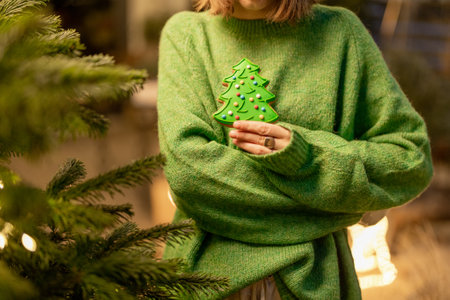 Woman holds gingerbread in a form of Christmas tree on background of her green sweater outdoors. Concept of winter holidays, sweets and cosinessの写真素材