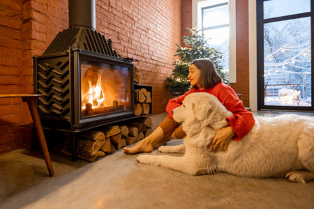 Young woman sitting with a dog near fireplace at home during winter holidays. Living room interior with Christmas tree and windows ovelooking on a snowy gardenの写真素材