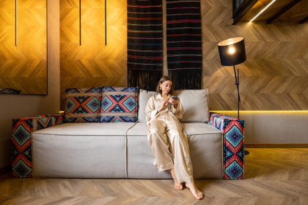 Young woman sitting with phone, relaxing on couch at modern living room in warm colors. Concept of home comfort and style. Caucasian woman wearing beige sleepwearの写真素材
