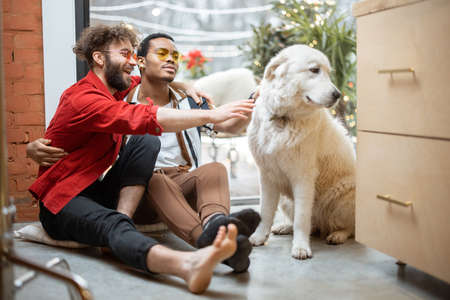 Two brightly dressed guys care dog while sitting on the floor together indoors on background of backyard. Concept of gay couples and romance. Caucasian and hispanic man with pet at homeの写真素材