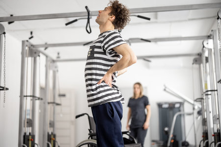 Guy feeling back pain while exercising in a rehabilitation center. Concept of physical therapy and...