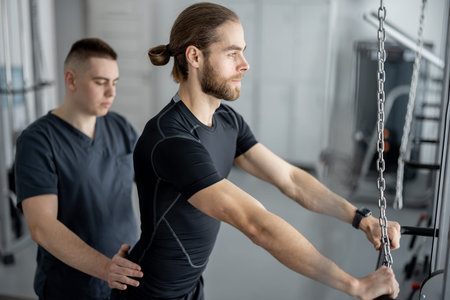 Man doing exercises on decompression simulators with the help of rehabilitation specialist. Concept...