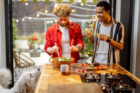 Two brightly dressed stylish guys having fun while making salad together on background of backyard. Concept of gay couples and everyday life at home. Caucasian and hispanic man cooking healthy foodの写真素材