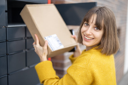 Young woman getting parcel from cell of automatic post terminal outdoors. Concept of contactless and...