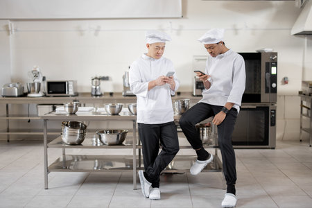 Two multiracial chef cooks standing with smart phones during a break at the restaurant kitchen