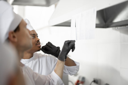 Chefs look on printed checks with orders while cooking in the professional kitchenの写真素材