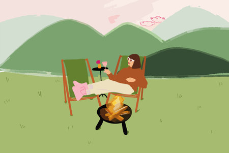 Woman relaxing near fireplace in mountainsのイラスト素材